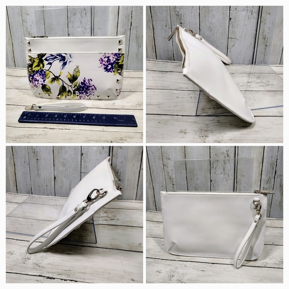White House Black Market Vegan Lthr White Floral Zip Multi-Pocket Wristlet NWOT - Picture 8 of 10